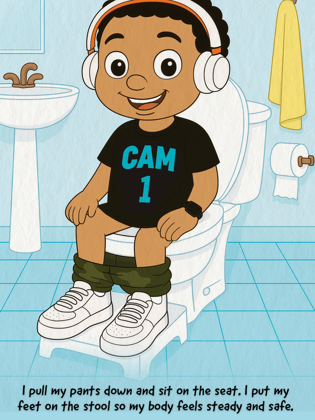 Toilet Time page preview showing sitting on the toilet with a stool